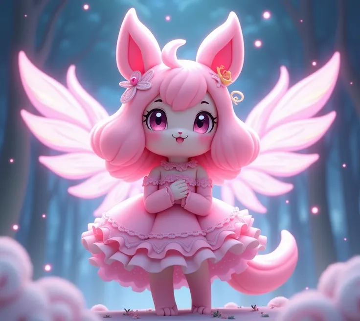 image of a magical girl inspired by the Pokemon Clefable, with a cute pink dress with ruffles, Pokemon Clefable wings,