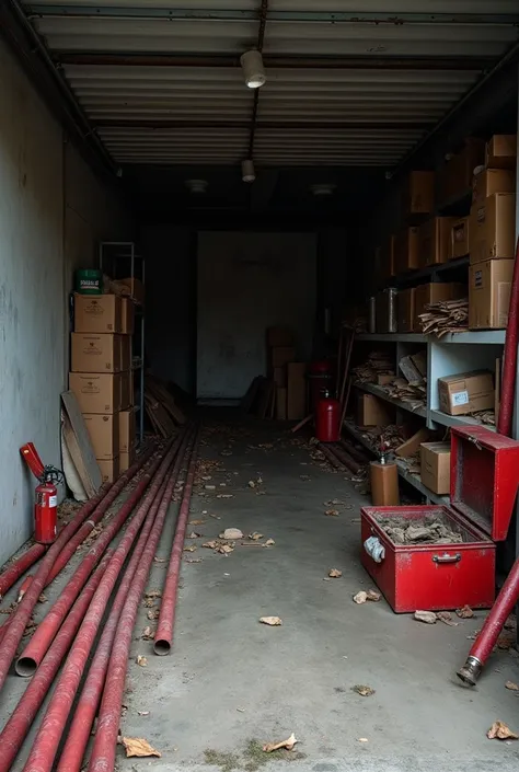 Image of a garage converted into a warehouse in conditions of disarray and deterioration. The space is dark and poorly lit, barely enough to reveal the mess. Scattered and covered in dust on the ground are red metal tubes used for firefighting systems. At ...