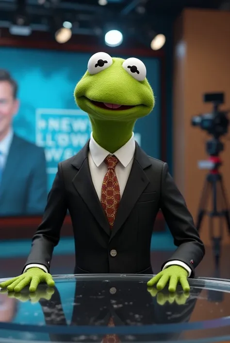 Kermit-like monster, The puppet ,  with an elegant suit wearing and looking like a reporter, that he is on a television news set where he is the host of the program.