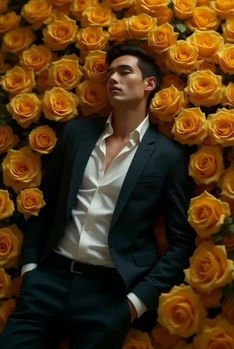 ((masterpiece, highest quality, Highest image quality, High resolution, photorealistic, Raw photo, Extremely detailed CG unified 8k wallpaper)), stylish Italian man in suit laying among gold roses, a final goodbye, pale white skin