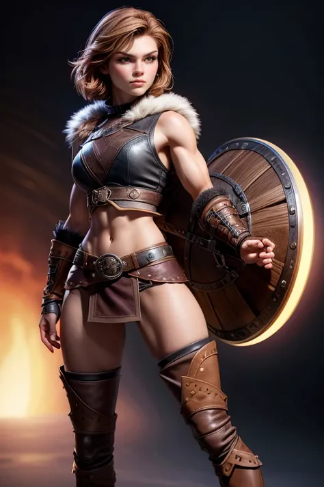 young viking woman , short brown hair, ojos marrones, leather armor, top leather straps ,  muscular shirt , fur skirt, bushy eye...