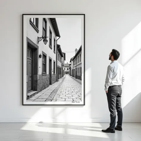  objective image ,  of a bright white room,  Black and white image; A large panel on the wall with a drawing of an old street; wide street. word "Enther"  framed with a Key. Write at the bottom: "142209"; a man, of coasts, admiring a painting.