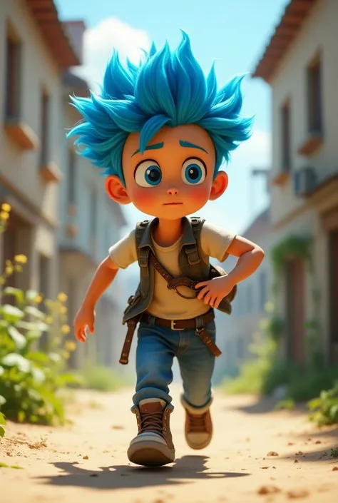 Boy with strong blue hair walking sideways animated