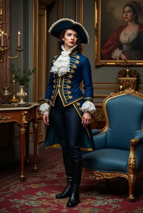  Mysterious beautiful brunette woman , (((figgura is like an hourglass , massive breasts)))  dressed in the 1710s Mens Versailles Mens suit. rapier wearing a gold sheath on his side .  Historic rococo costume with a navy blue tailcoat , ,lace cuffs,  large...