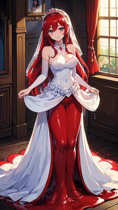 ((masterpiece,best quality,ultra-delicate,Perfect Face,detailed eyes,16k,high resolution,very beautiful girl)),((red slime body ,melting legs:1.5,Best Anime)),sharpnes,clear,The Art of Phenomenal Depictions,melting red long hair,(1 girl),large breasts,(wed...