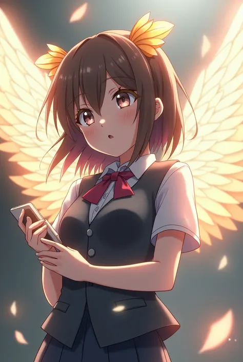 Screenshot My Hero Academia girl with brown hair up to her shoulders cut butterfly fringe on the sides,Angel wings and uniform from the UA and is listening to music 