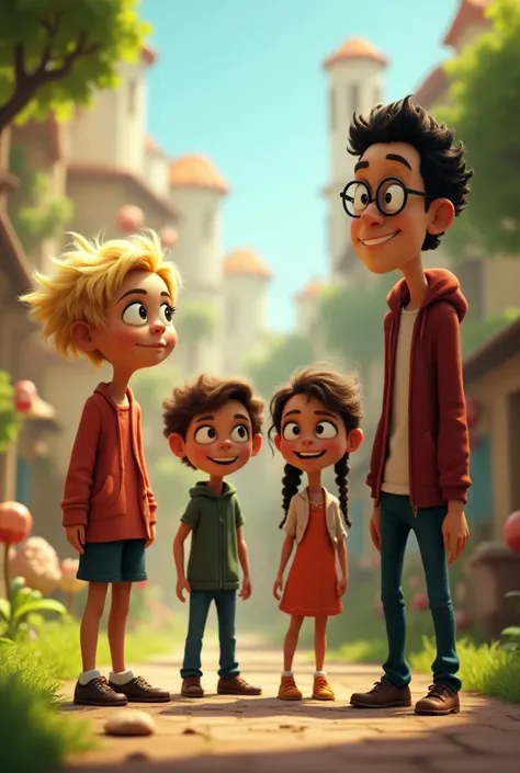 4 animated guys

One blonde skinny girl with short hair
One blonde girl with long hair
One short girl with brown hair and glasses
One skinny man with curly hair and glasses