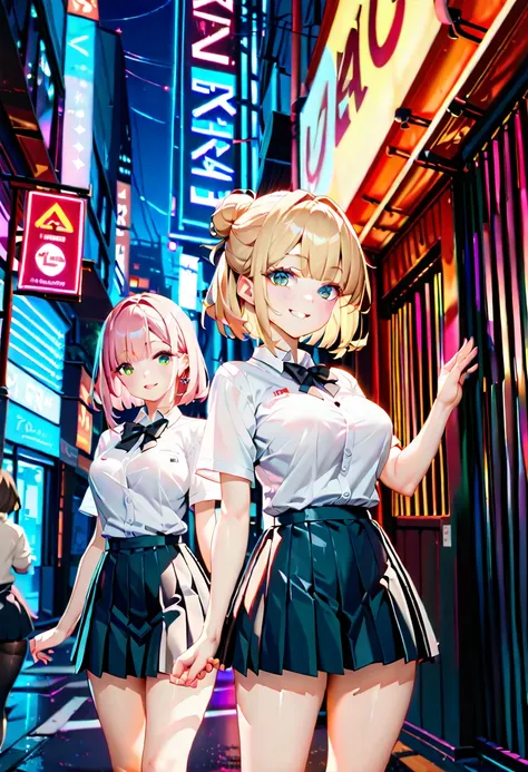  cyberpunk city, street,  Knight ,  Neon Light, Neon Signs, masterpiece, Best Quality,  high resolution on down, ＪＫ,Big Breasts,Three Girls,black bow,black bowtie, blonde hair,bow,bowtie,breast,Hair Bun, holding hands ,Fingers crossed,Long Hair, standing, ...