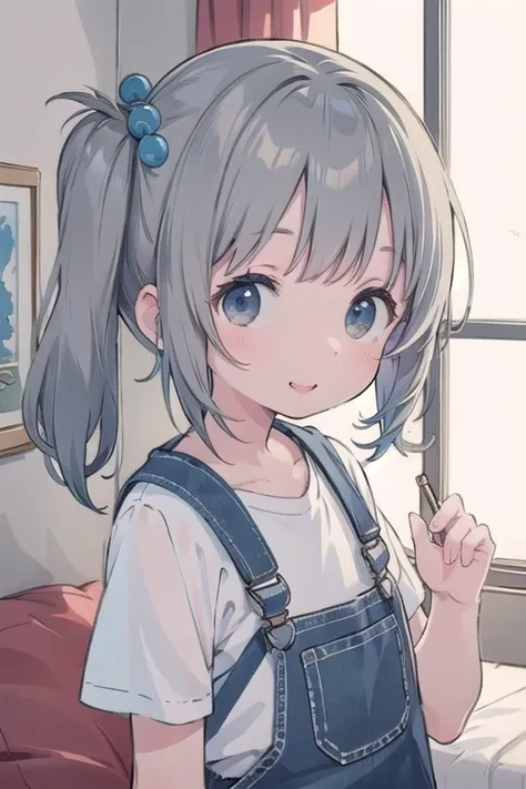 Flashing、no T-Shirt、sexy、Pretty Girl、overalls、Happy smile、hair ribbin、blue gray hair、long hair、blunt bangs、remove background then put bedroom as background 