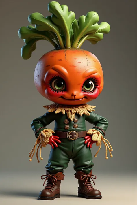 generate images of kawaii chibi character of (radish head) zany scarecrow with a horror fantasy theme,(hands on hips:1.5), clothes must be highly intricate rococo style , elegant, and visually striking, highly detailed leather boots, resembling digital pai...