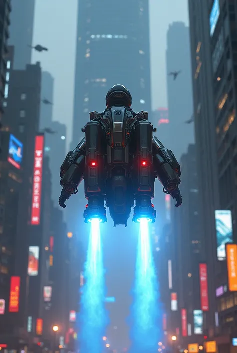 “A futuristic city with sleek, towering skyscrapers illuminated by neon lights under a dark sky. a high-tech jetpack bitcoin is lifting off from the ground, leaving a trail of glowing blue exhaust behind them. The jetpack is futuristic, with metallic and g...