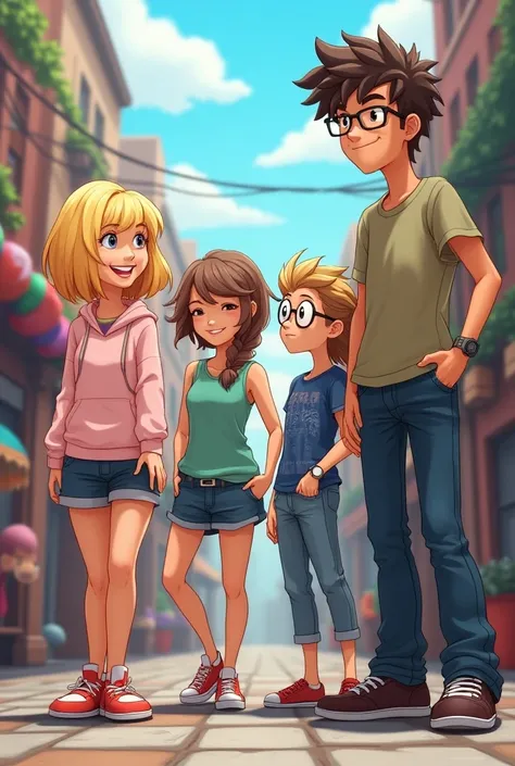 4 animated people

One blonde skinny girl with short hair
One blonde girl with long hair
One short girl with brown hair and glasses
One skinny man with curly hair and glasses