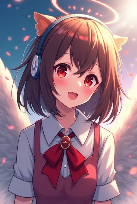  Screenshot My Hero Academia . girl with brown hair up to her shoulders cut butterfly fringe on the sides,Angel wings ,  smiley expression  , red eyes , She is wearing the UA uniform and is listening to music  