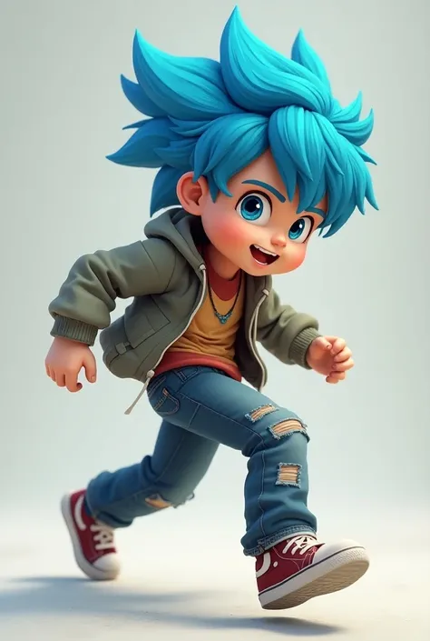 Boy with very strong blue hair 
Excited walking sideways