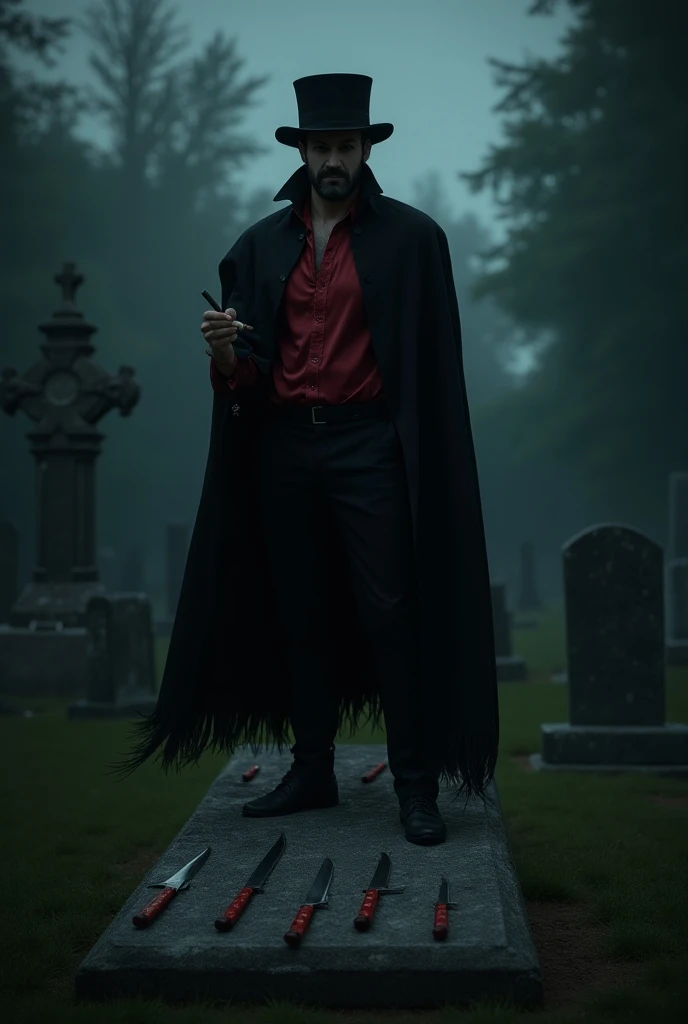 Create image of a man at the cemetery at night wearing black pants barefoot red blouse wearing a cape and black top hat smoking a cigar with seven knives on top of a grave 