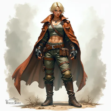 creates a blonde woman, with short hair and blue eyes. At 1.80 m tall, his body is truculent, robust and imposing. A striking feature is her military leather jacket, which she always carries above her shoulders like a cape; art oc rpg fantasy survivor, wat...