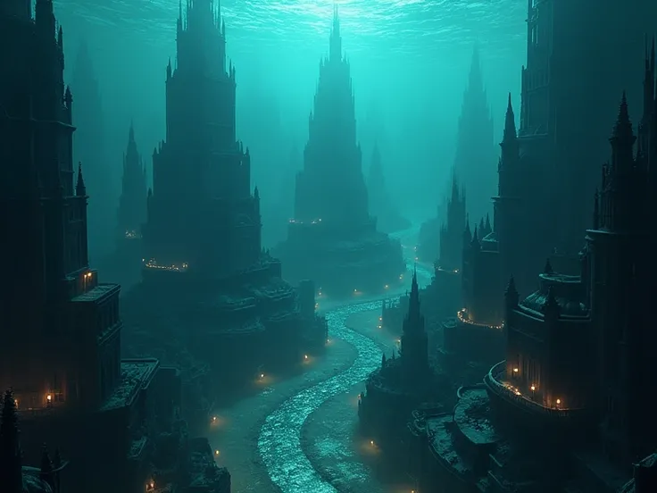 uma cidade at the bottom of the ocean , Gigantic, with huge buildings , at the bottom of the ocean, inside a deep-water pit viewed transversely