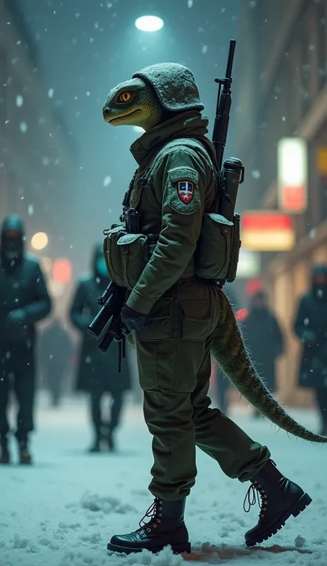 Highly detailed and realistic image of a serious female Caterpillar with her mouth closed, full body, walking on her right side in semi profile on the outskirts of a well-lit city center, on a cold night with dense snow falling. The body of the creature is...