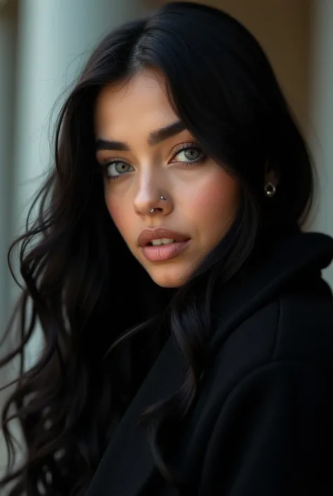   Cinematic photo of a 25-year-old Latin woman with long black hair,grey eyes , full shiny lips  ,thick eyebrows,  wearing a warm black coat   ,with piercings and tattoos   