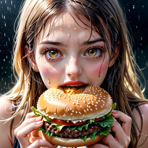 beautiful slender girl, eating burgers greedily, fast eating, slim girl, burgers, detailed realistic portrait, photorealistic, masterpiece, (best quality,4k,8k,highres,masterpiece:1.2),ultra-detailed,(realistic,photorealistic,photo-realistic:1.37),vibrant ...