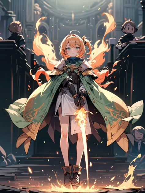 (((Masterpiece, best quality, high detailed, 16k))) (1girl) A young woman with fiery golden hair and amber eyes that seem to burn with an eternal flame. She wears light robes adorned with mystical runes that glow in shades of orange and gold. Solara comman...