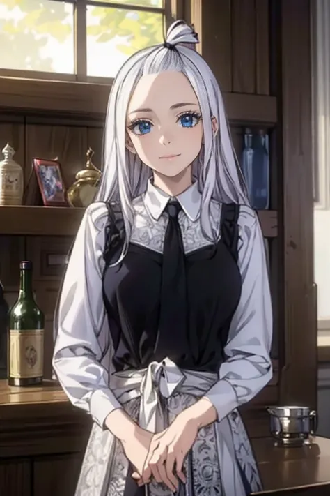 (Best Quality, 4k, 8k, Hi-Res, Masterpiece: 1.2), Ultra-Detailed, Realistic, Photorealistic: 1.37, Mirajane Strauss, beautiful woman with long straight wavy white hair and blue eyes, with a beautiful smile, wearing a beautiful long-sleeved black dress 