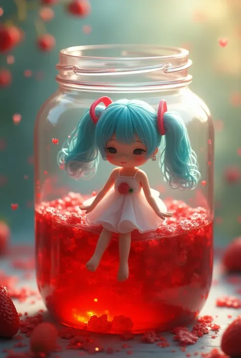 A girl, cute dress, inside a jar of jam, strawberry jam, Hatsune Miku,