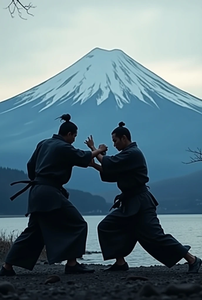  Image of dark silhouettes of people,  judo , against the background of Mount Fuji  