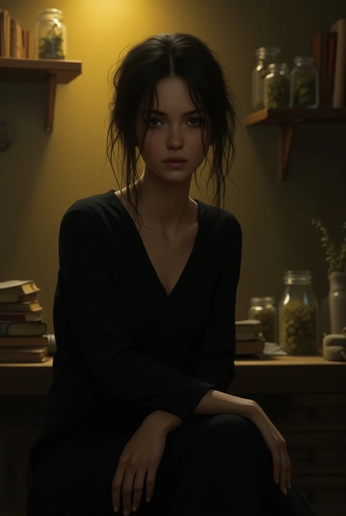  A 35-year-old woman looking disheveled , with a black dress, Smile with irony,  in his studio which is decorated with a faint yellowish light that covers the entire room, old books , jars with herbs 