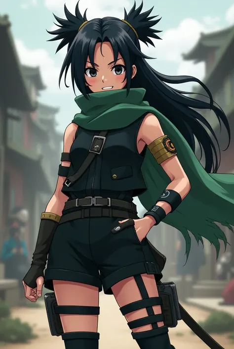  ninja girl with black hair,  with two bows and a band with an eclipse symbol on the neck , green scarf,  vest and black sleeve shirt ( vest blacker than the sleeved shirt )  small shorts and weapons on the legs that cover what is left of the legs, All Nar...