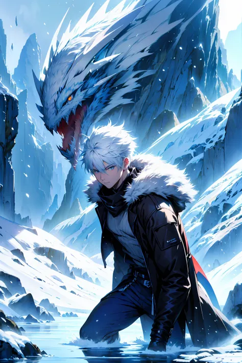  Young man with a confident expression with spiky silver white hair , wearing a black jacket.  He is in a landscape of icy mountains and frozen waters,  while creating ice crystals in your hand .  Background with cold colors and winter atmosphere , with de...