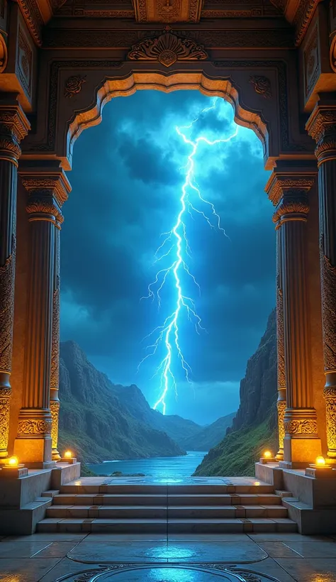 Thunder inside the window of a temple without people in shades of gold and blue