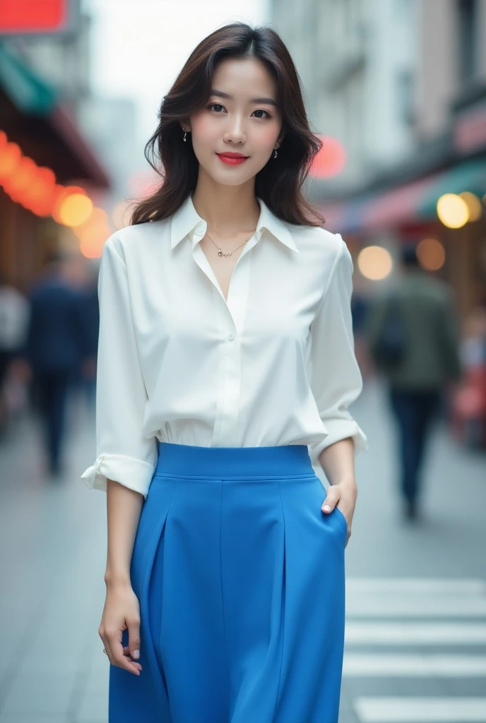 A woman in a blue skirt white blouse on the street Korean features 