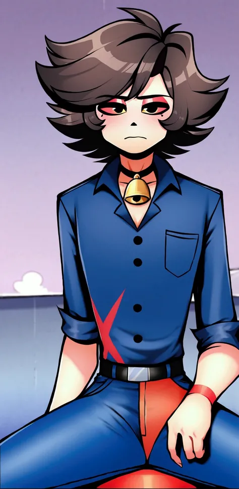 A tired male demon, navy blue button up shirt, bell bottom jeans, shoulder length curly dark brown hair, black eyes, holes under eyes, tired expression, hazbin hotel/helluva boss animation styled image 