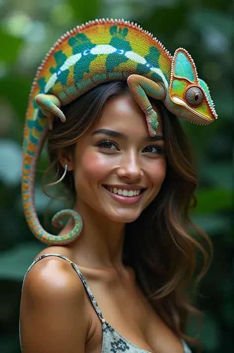 chameleon, smiling woman, fusion them 