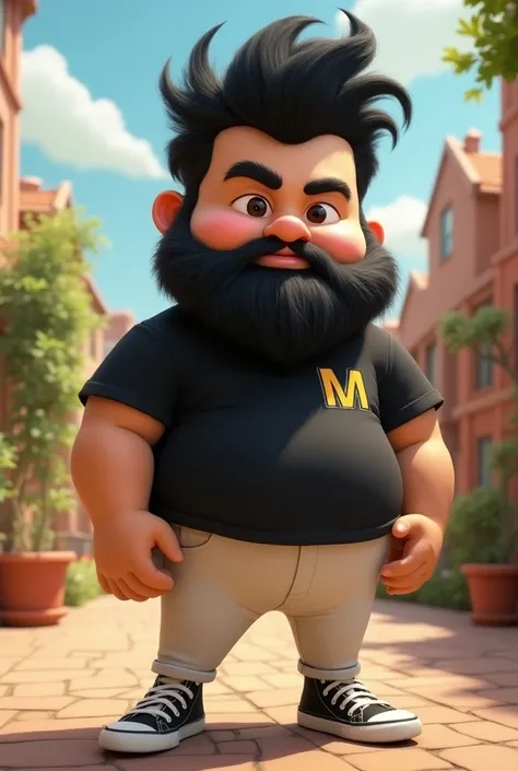 male cartoon character, Big black hair and bun , big beard,  with a black shirt with an MA printed on the chest, white pants, with Kichute with white laces  . Disneys 