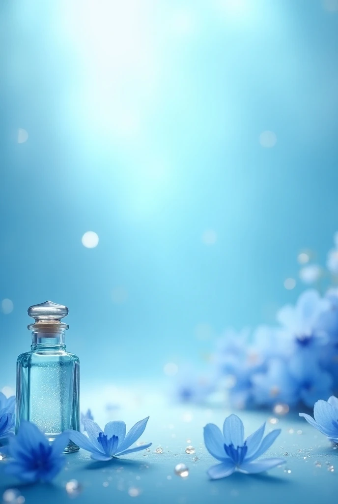 The whole thing is light blue 、 blue flowers are floating、 sparkling fantastic 、There is no one、gemstone heart、fashionable antique clear glass bottle