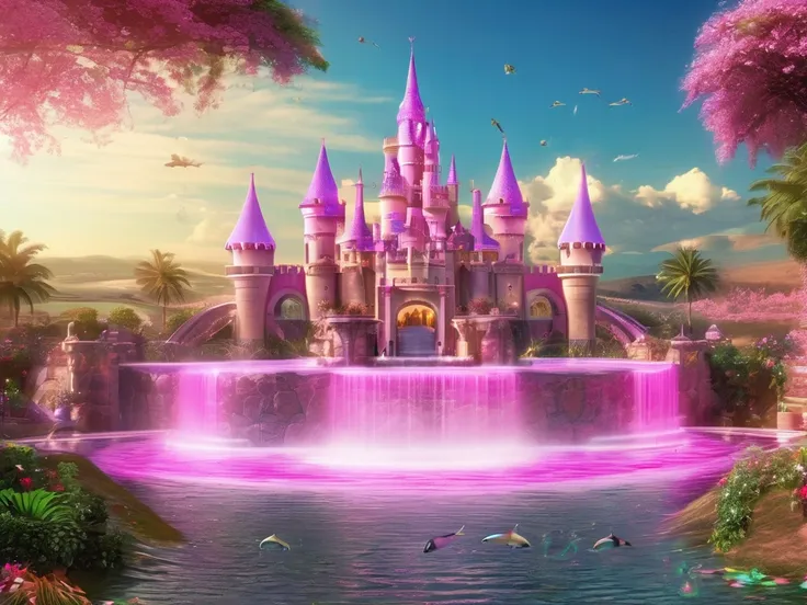  Huge castle , pink in color, Vivos Dorados ,  landscape with unicorns ,  border river with dolphins,  chocolate fountains , magical landscape, wonders, full hd, maximum details