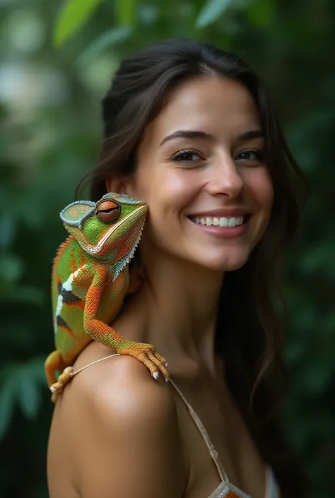 chameleon, smiling woman, fusion them 