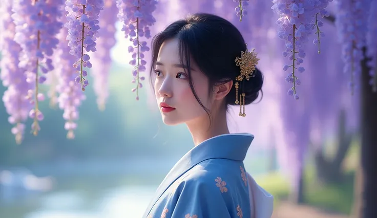 Create an image of a young woman in traditional Japanese attire, standing gracefully among hanging wisteria flowers in full bloom. She has a calm and contemplative expression, looking to the side with elegance. Her dark hair is styled up with delicate gold...