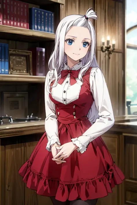 (Best Quality, 4k, 8k, Hi-Res, Masterpiece: 1.2), Ultra-Detailed, Realistic, Photorealistic: 1.37, Mirajane Strauss, beautiful woman with long straight wavy white hair and blue eyes, with a beautiful smile, wearing a beautiful long-sleeved black dress 