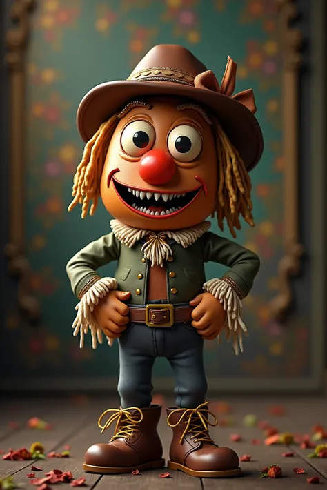 generate images of kawaii chibi character of (potato head) zany scarecrow with a horror fantasy theme,(hands on hips:1.5), clothes must be highly intricate baroque style , elegant, and visually striking, highly detailed leather boots, resembling digital pa...