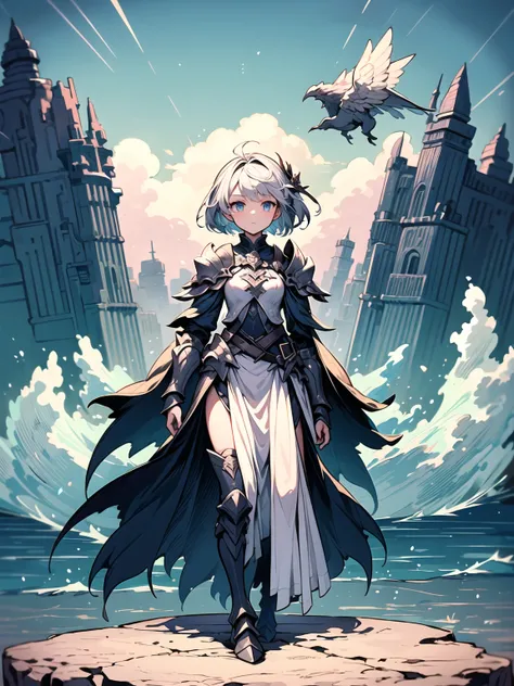 (((Masterpiece, best quality, high detailed, 16k))) (1girl) A woman of medium build with short silver hair and deep blue eyes like the ocean. She wears silver-detailed armor with a dark blue cloak. Orana controls air and water, conjuring storms and mists t...