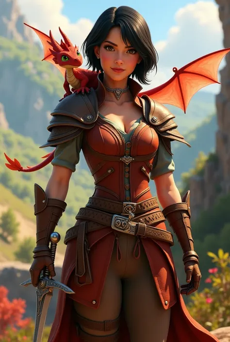 Women, 30 YEARS, Face Like Sharleen Spiteri ,very short black hair , bangs to one side, brown leather armor ,  with sword in right hand, small red dragon on shoulder,european.  full body. Pixar