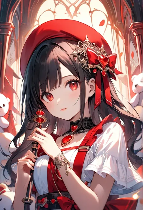 Upper body close-up（((masterpiece), on)A lively and highly detailed illustration of a young girl in a whimsical fantasy setting with an anime aesthetic. The girl has short, wavy black hair with red tips and vibrant red eyes, giving her a magical presence. ...