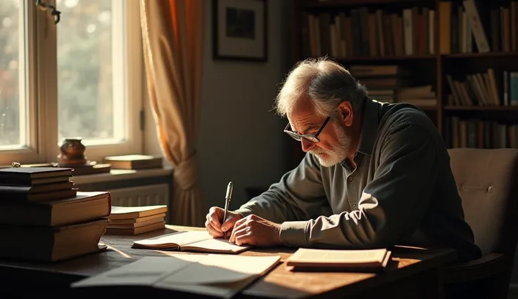 A vintage-looking office space with books and papers strewn on a wooden desk, showing an older man in his 50s, with graying hair, glasses, and a thoughtful expression, writing in a notebook; sunlight filters through the window, illuminating his workspace, ...