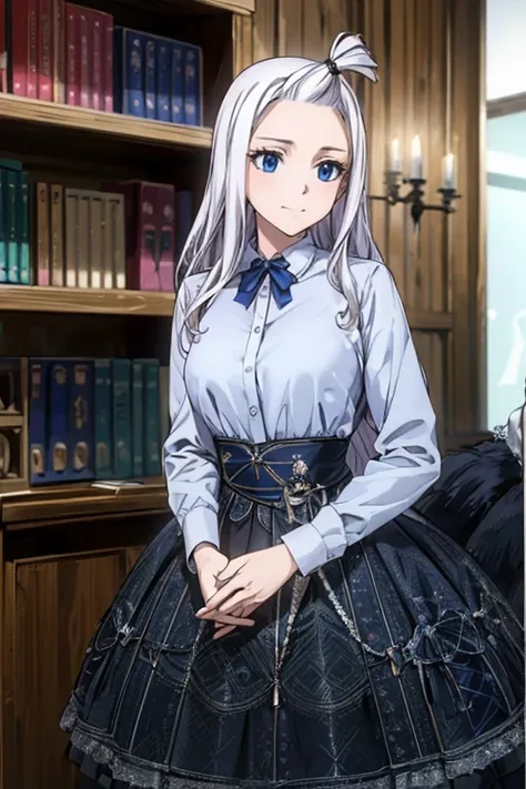 (Best Quality, 4k, 8k, Hi-Res, Masterpiece: 1.2), Ultra-Detailed, Realistic, Photorealistic: 1.37, Mirajane Strauss, beautiful woman with long straight wavy white hair and blue eyes, with a beautiful smile, wearing a beautiful long-sleeved black dress 