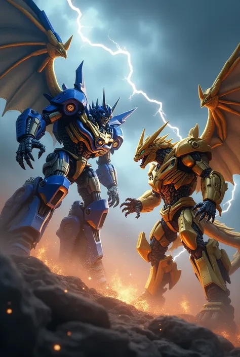 Transformers, dragons in yellow, blue and with lightning sparkles all around