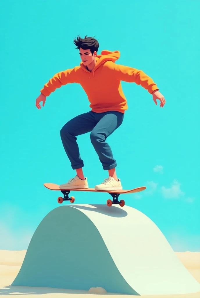 A conceptual ilmage of a young man made of rounded shapes in a skateboarding scene. It uses a stylized neo-flat, post-flat vector style with soft shapes. The character has a saturated color palette with bright and contrasting hues. Some elements of the sty...