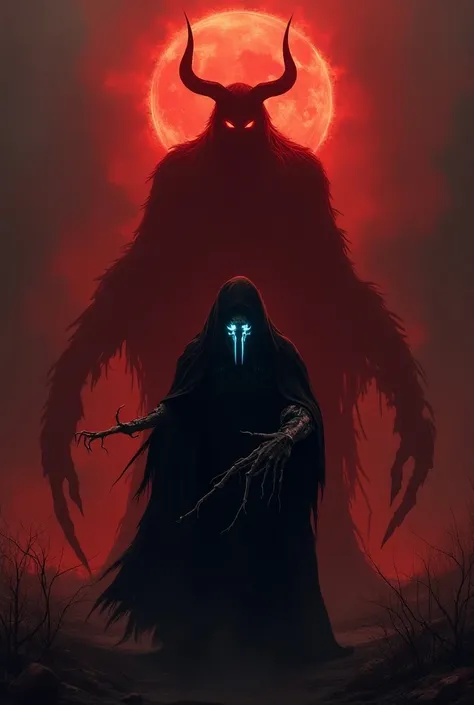 a glowing brute red sillouetthe of Satan standing over a cloaked figure with glowing blue eyes, a steel metal mouth, and long branch-like fingers, nightmare, highest definition, highest detail, highest quality 